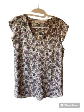 LOFT Cream Floral V-Neck Cap Sleeve Blouse with Blue and Red Accents